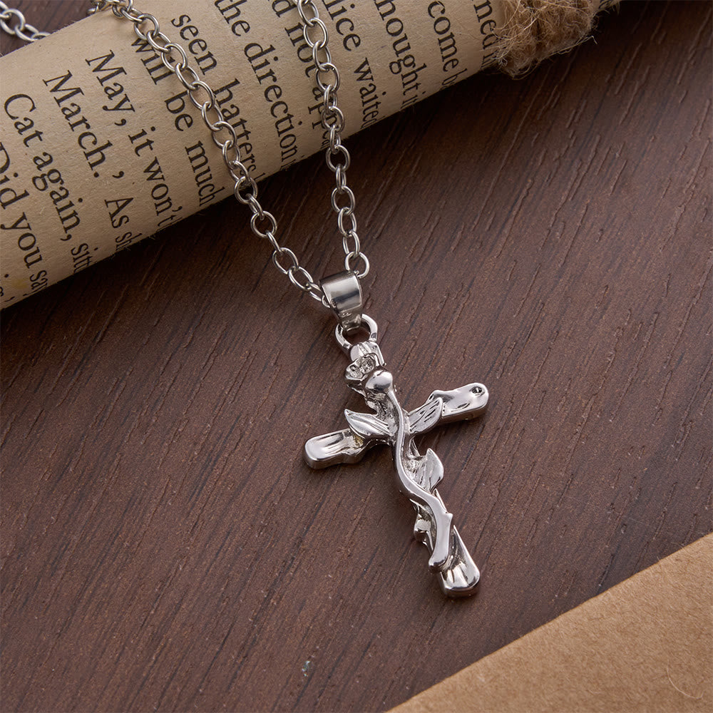 Rose Vine Cross Alloy Pendant Necklace