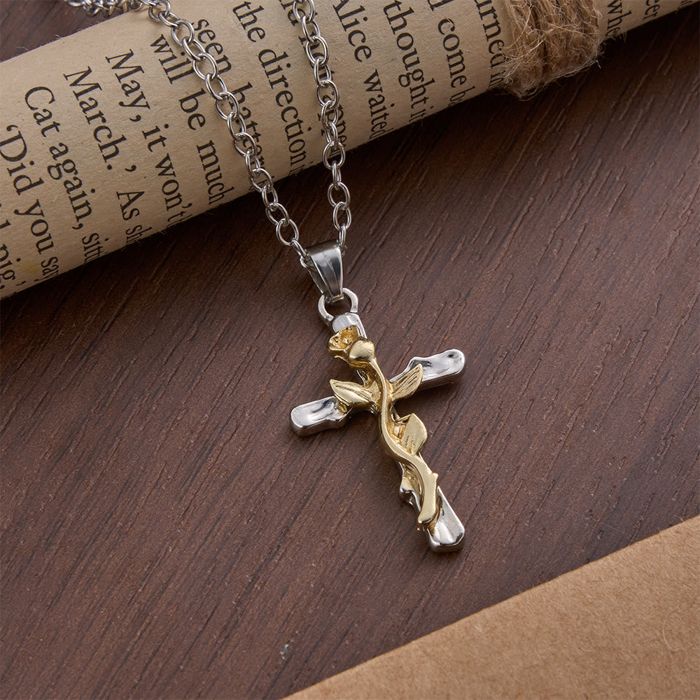 Rose Vine Cross Alloy Pendant Necklace