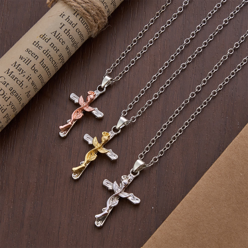 Rose Vine Cross Alloy Pendant Necklace