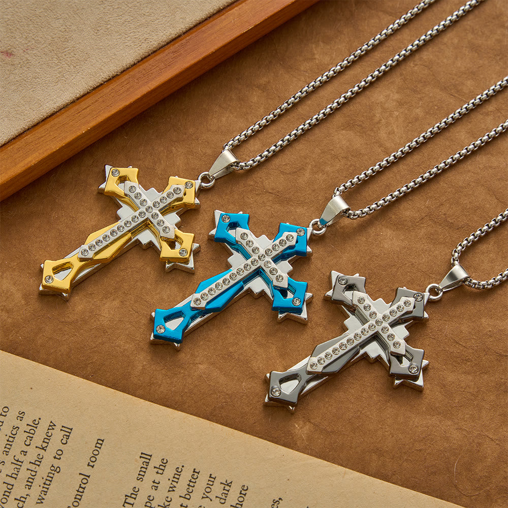 Tiered Rhinestone Cross Multicolor Pendant Necklace