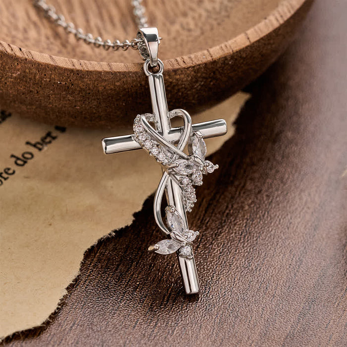 Vine Wrapped Butterfly Cross Zircon Necklace: 4 Color Sacred Redemption Faith Pendant Jewelry