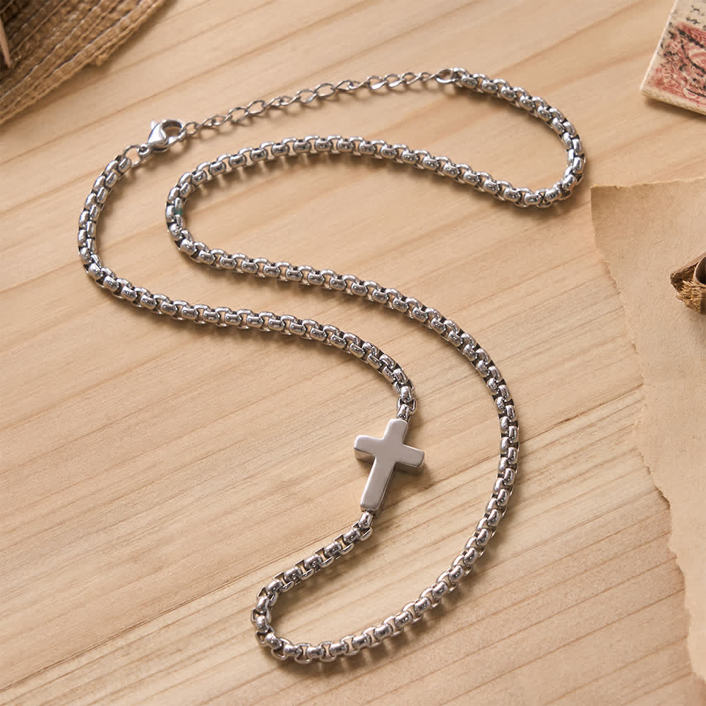 Sleek Stainless Steel Cross Necklace with Sideways Pendant: A Reminder of Divine Grace