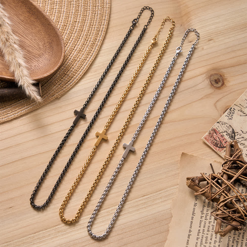 Sleek Stainless Steel Cross Necklace with Sideways Pendant: A Reminder of Divine Grace