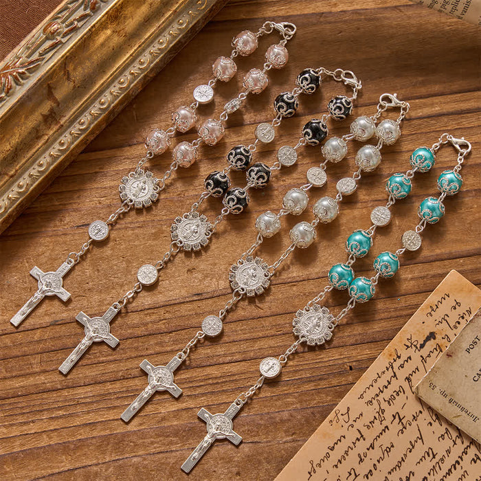 Filigree Wrapped Gloss Beads St.Benedict Clasp Rosary For Car & Pocket Travel