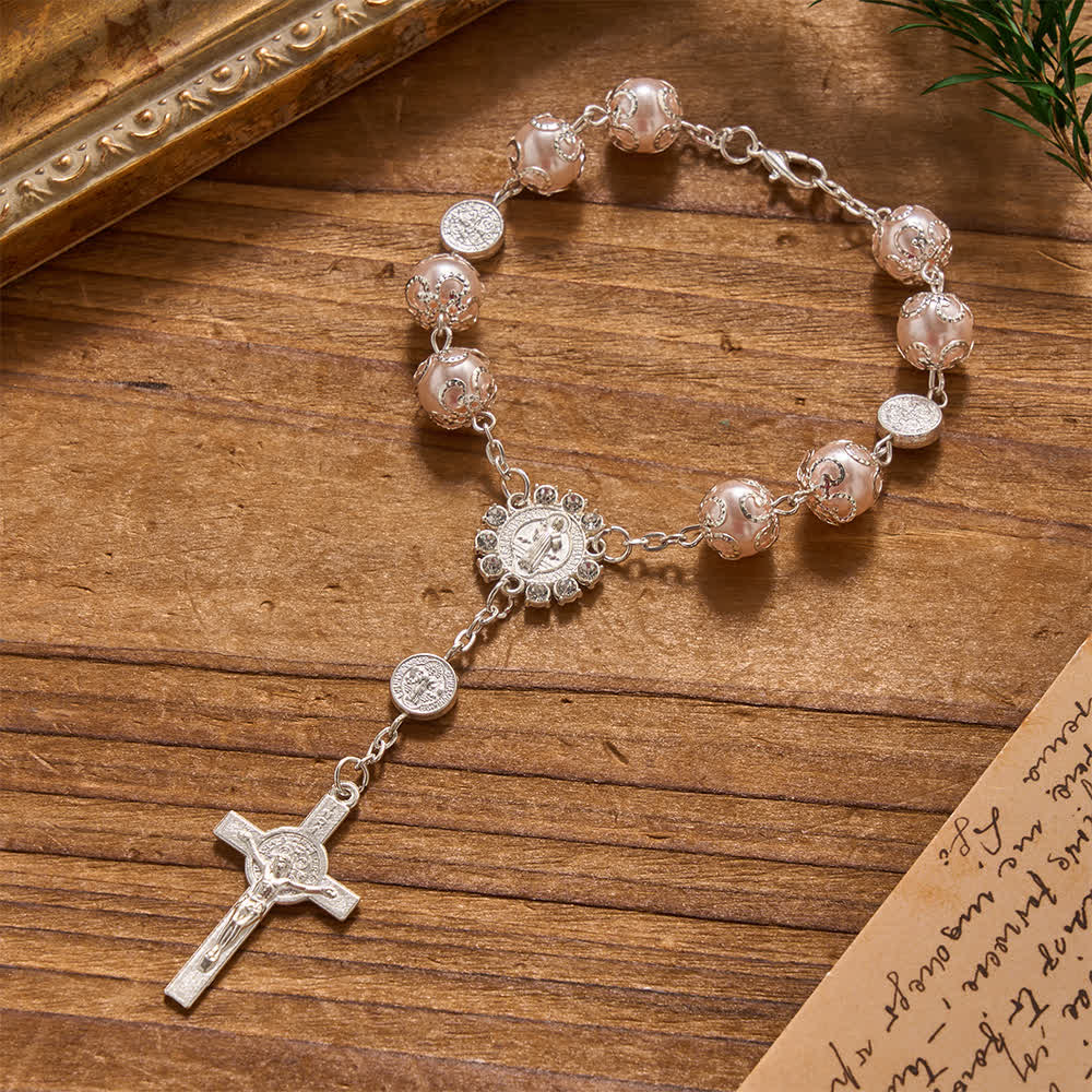 Filigree Wrapped Gloss Beads St.Benedict Clasp Rosary For Car & Pocket Travel
