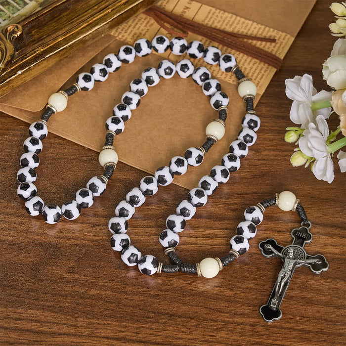 Classic Soccer Panel Pattern Bead Knotted Cord Rosary With Vintage Metal Crucifix