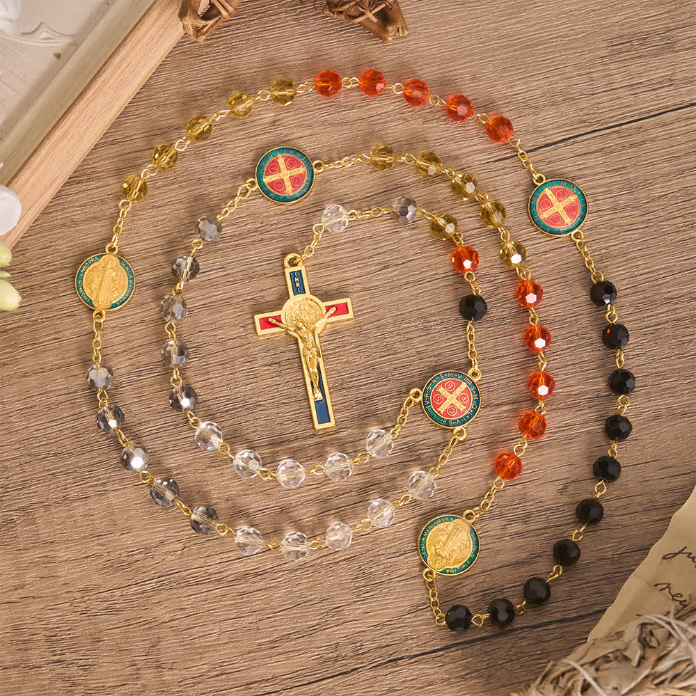 Vibrant Multi-Tone Glass Saint Benedict Rosary: For Chapel Worship & Daily Handheld Prayer