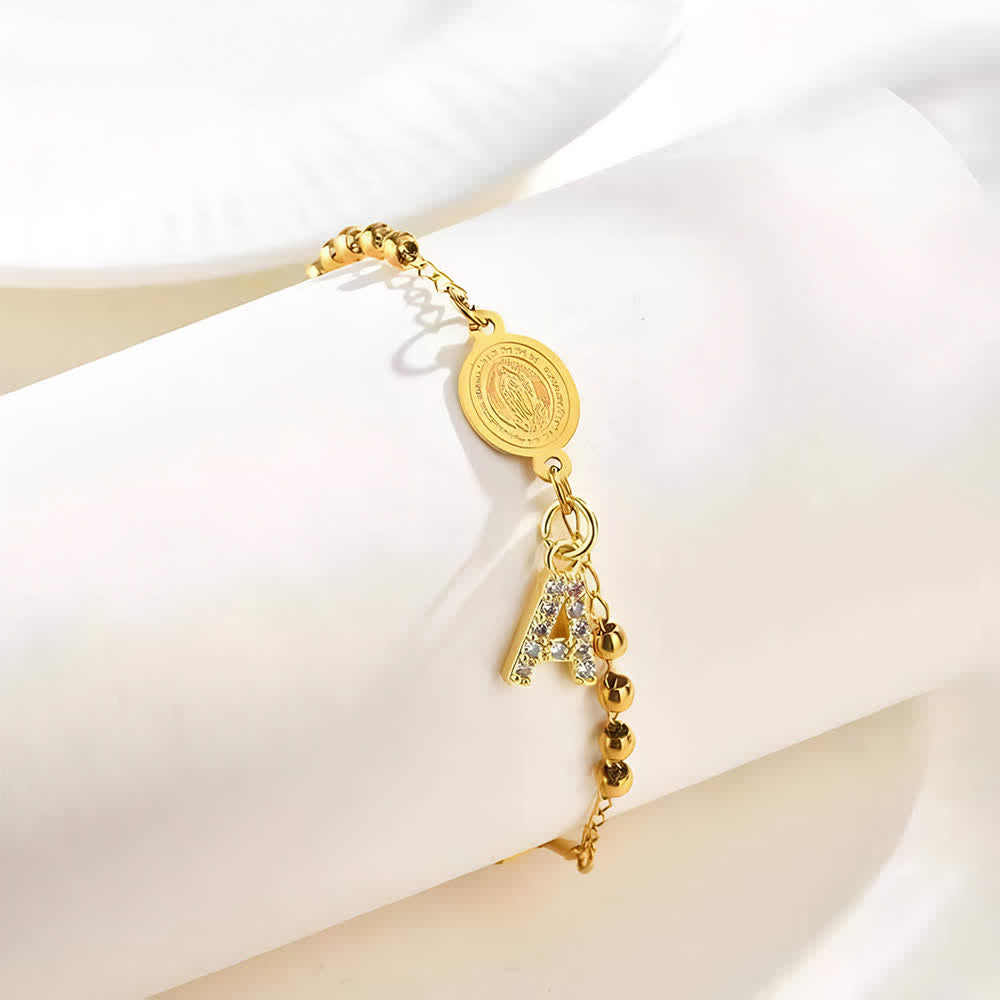 Customizable 26 Letter Paved Zircon Initial Beaded Rosary Bracelet With Our Lady Miraculous Medal