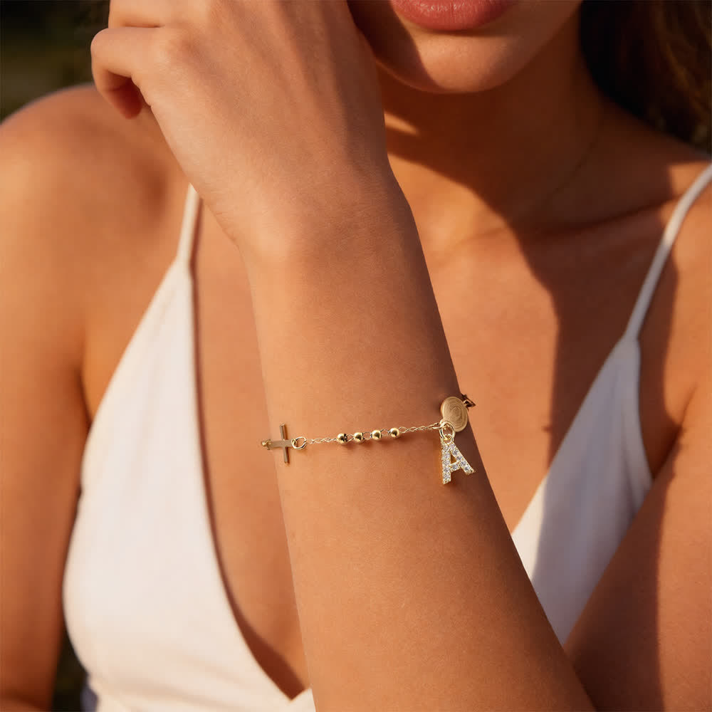 Customizable 26 Letter Paved Zircon Initial Beaded Rosary Bracelet With Our Lady Miraculous Medal