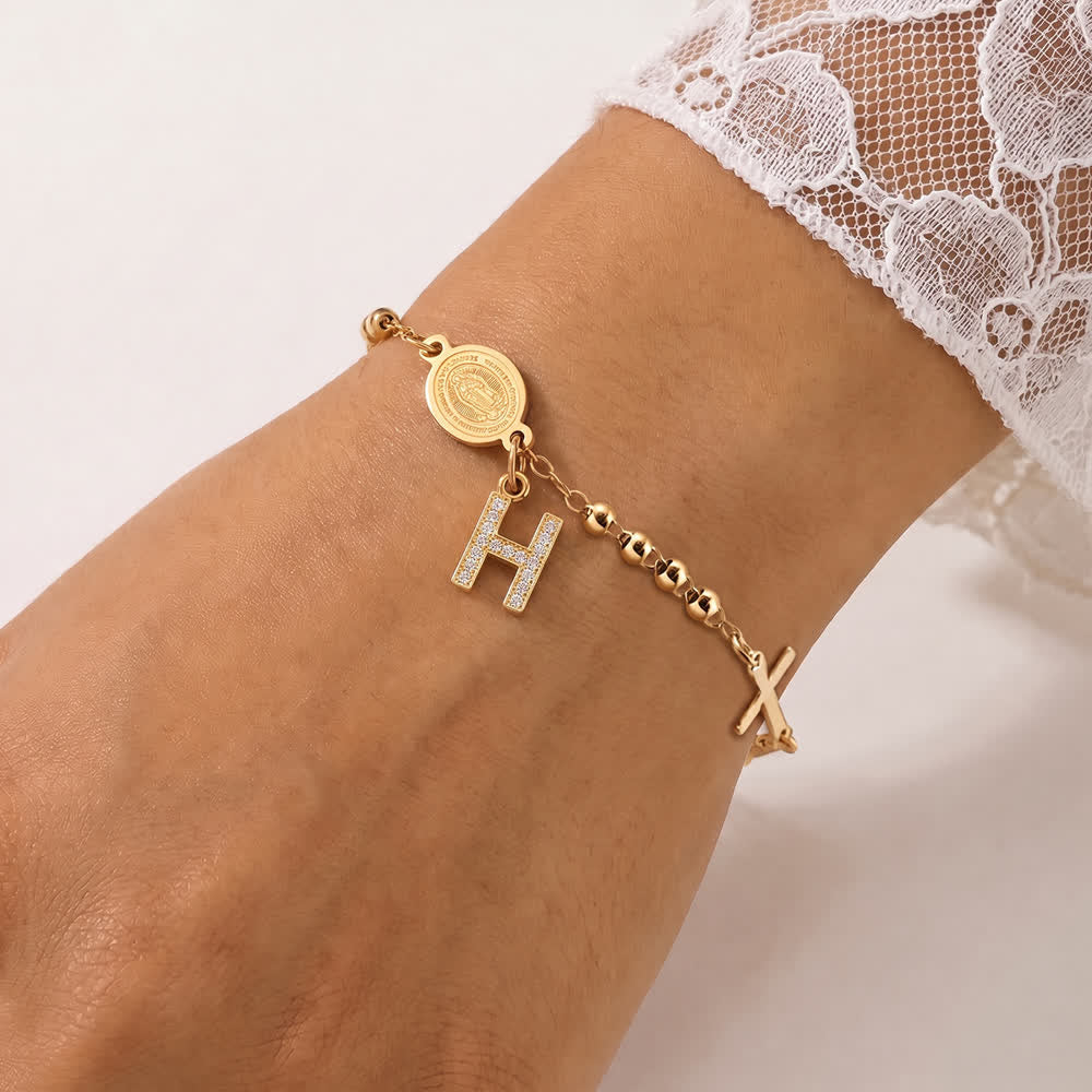 Customizable 26 Letter Paved Zircon Initial Beaded Rosary Bracelet With Our Lady Miraculous Medal