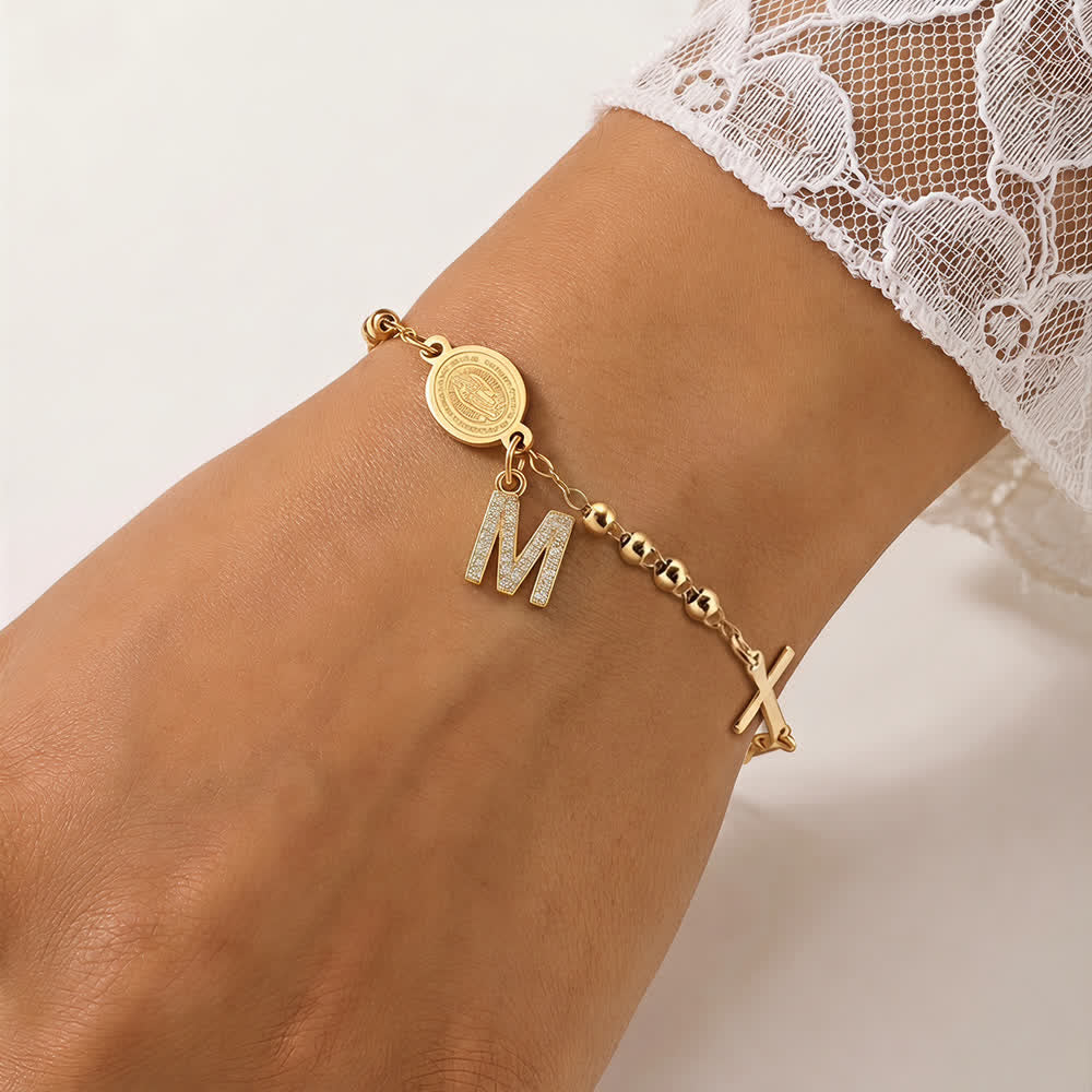 Customizable 26 Letter Paved Zircon Initial Beaded Rosary Bracelet With Our Lady Miraculous Medal
