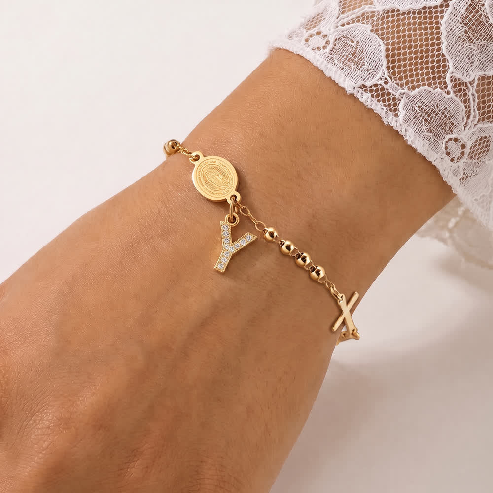 Customizable 26 Letter Paved Zircon Initial Beaded Rosary Bracelet With Our Lady Miraculous Medal