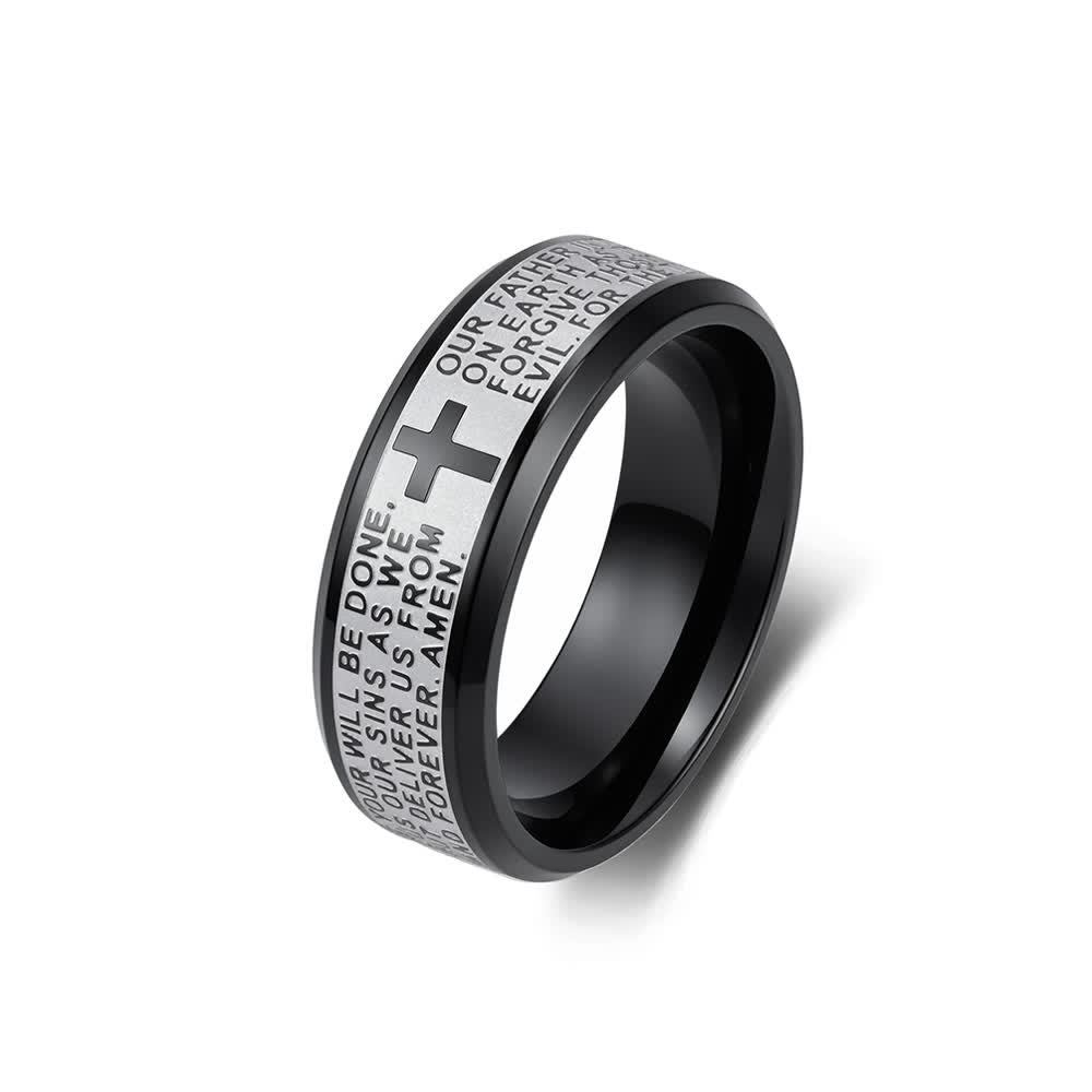 Deep Engraved Cross Lord’s Prayer Stainless Steel Wide Band Ring: Emblem of Abiding Heavenly Faith