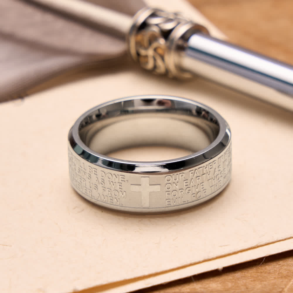 Deep Engraved Cross Lord’s Prayer Stainless Steel Wide Band Ring: Emblem of Abiding Heavenly Faith