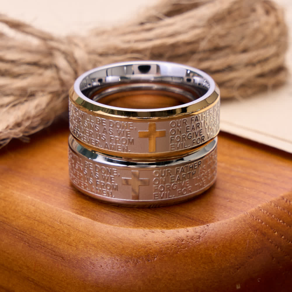 Deep Engraved Cross Lord’s Prayer Stainless Steel Wide Band Ring: Emblem of Abiding Heavenly Faith