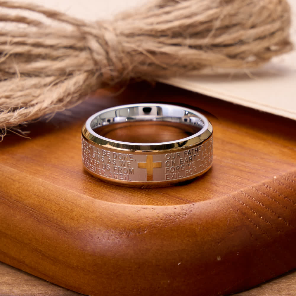 Deep Engraved Cross Lord’s Prayer Stainless Steel Wide Band Ring: Emblem of Abiding Heavenly Faith