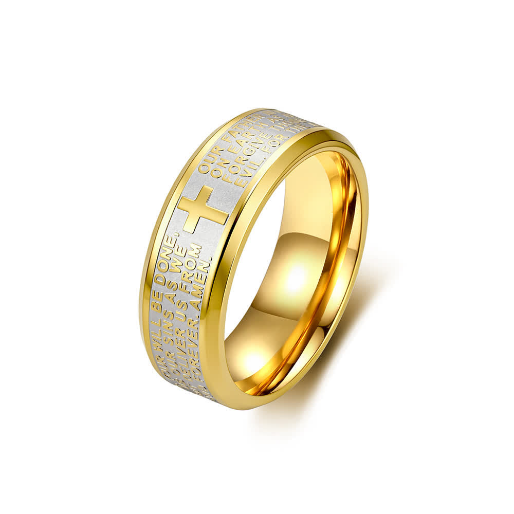 Deep Engraved Cross Lord’s Prayer Stainless Steel Wide Band Ring: Emblem of Abiding Heavenly Faith