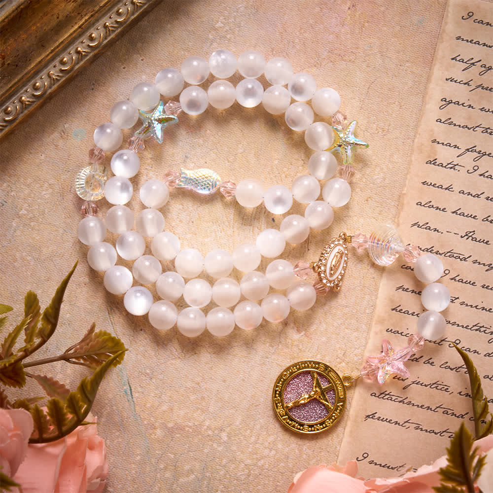 Summer Ocean Themed Frosted Matte Bead Rosary With Starfish & Fish Crystal Charms