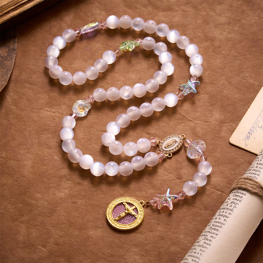 Summer Ocean Themed Frosted Matte Bead Rosary With Starfish & Fish Crystal Charms