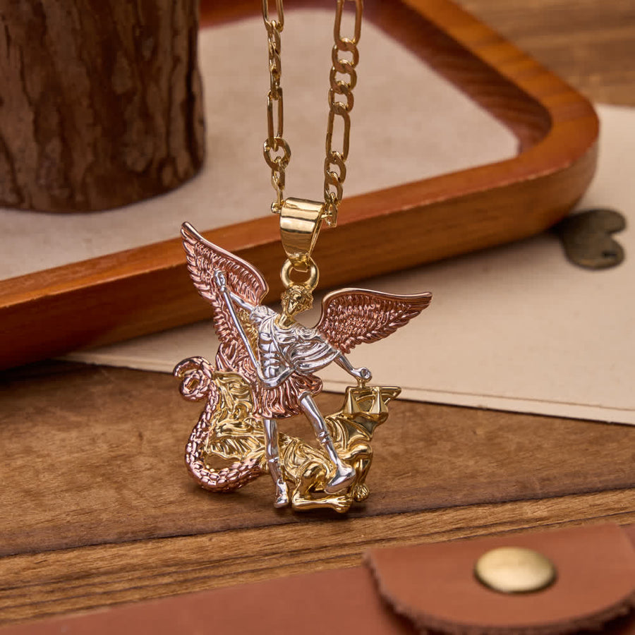 Three-Tone Electroplated 3D Embossed Saint Michael Archangel Figaro Chain Necklace