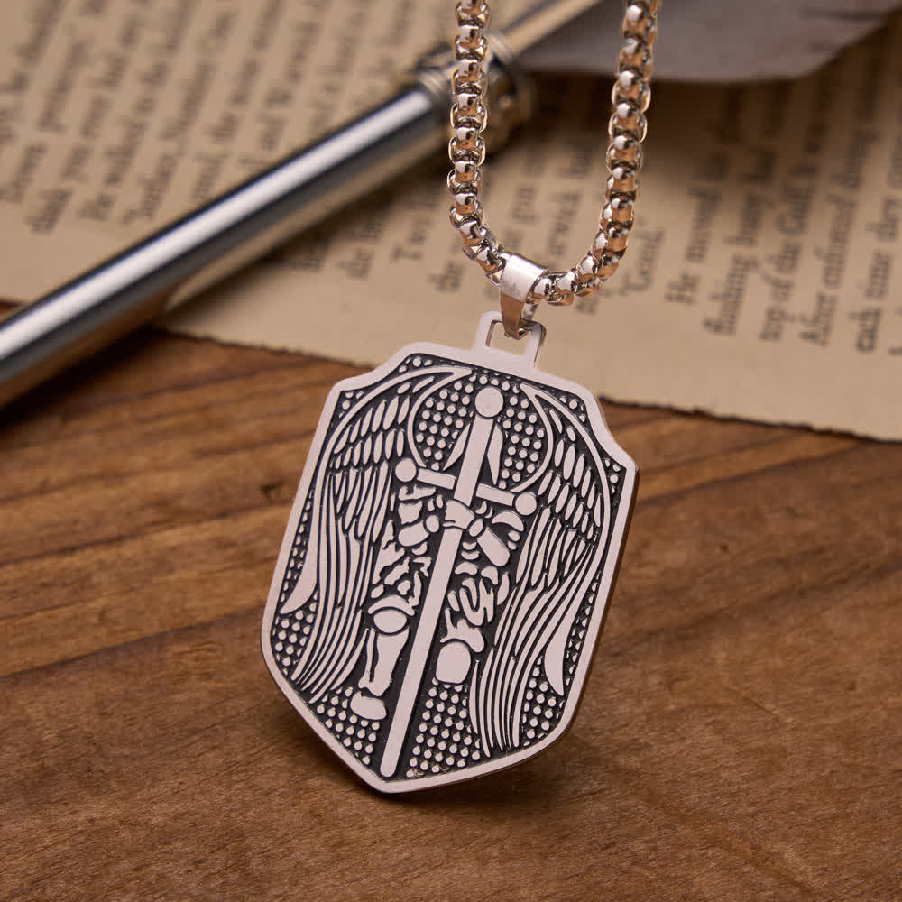 Double-Sided Deep Engraved Saint Michael Archangel Shield Box Chain Necklace