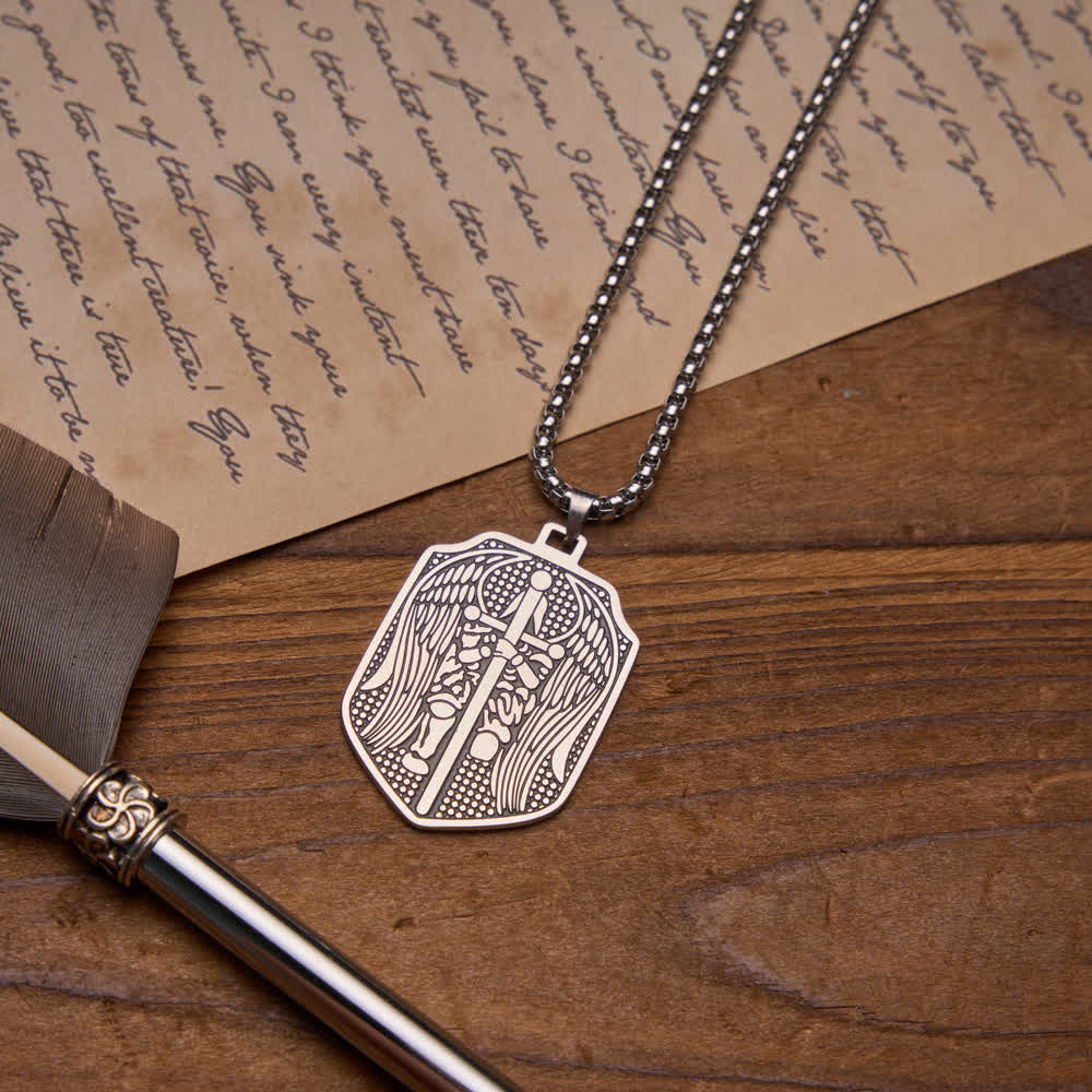 Double-Sided Deep Engraved Saint Michael Archangel Shield Box Chain Necklace