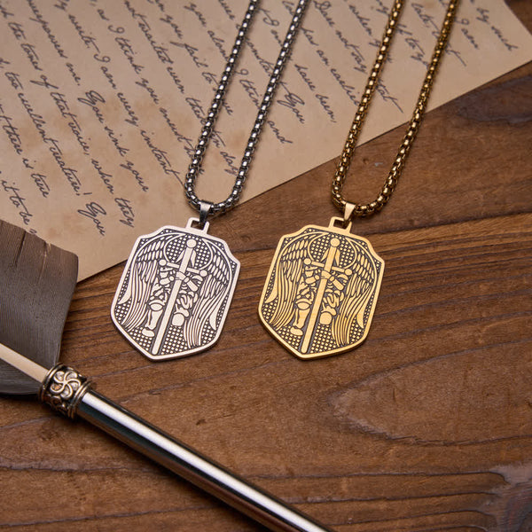 Double-Sided Deep Engraved Saint Michael Archangel Shield Box Chain Necklace