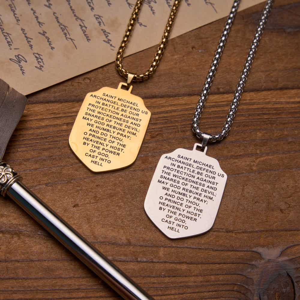 Double-Sided Deep Engraved Saint Michael Archangel Shield Box Chain Necklace