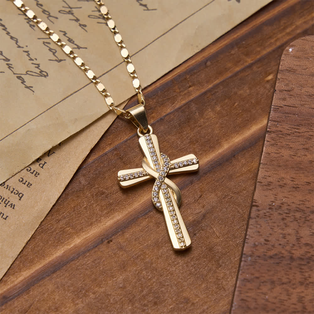 Intertwined Infinity Knot Paved Zircon Cross Box Chain Necklace: Emblem of Everlasting Heavenly Covenant