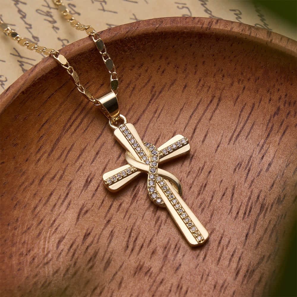 Intertwined Infinity Knot Paved Zircon Cross Box Chain Necklace: Emblem of Everlasting Heavenly Covenant