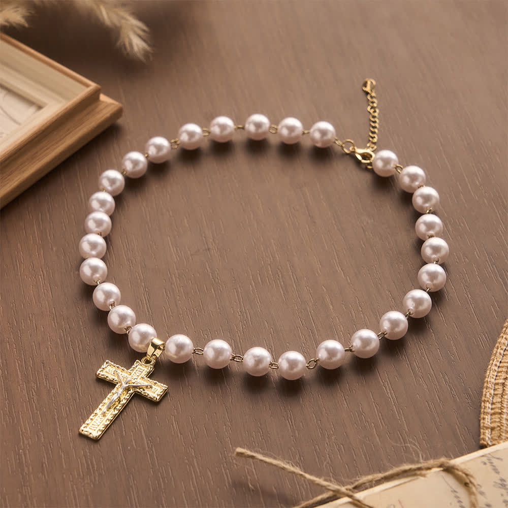 Lustrous Round Pearl Bead Two-Tone Embossed Crucifix Necklace: Emblem of Pure Heavenly Serenity