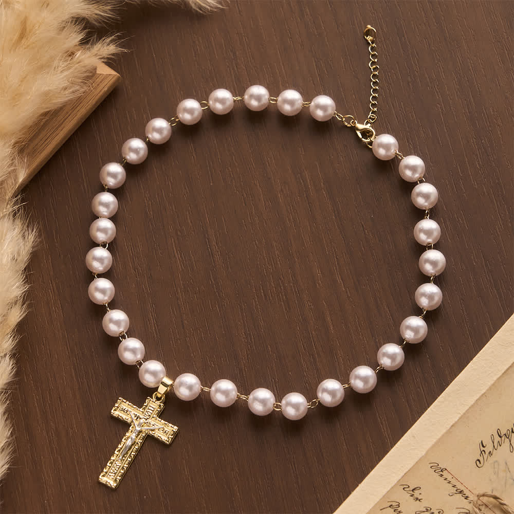 Lustrous Round Pearl Bead Two-Tone Embossed Crucifix Necklace: Emblem of Pure Heavenly Serenity