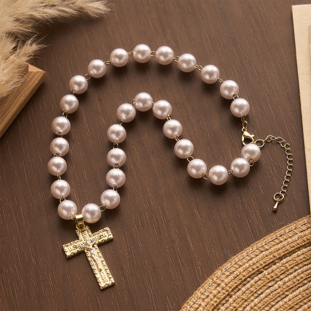Lustrous Round Pearl Bead Two-Tone Embossed Crucifix Necklace: Emblem of Pure Heavenly Serenity