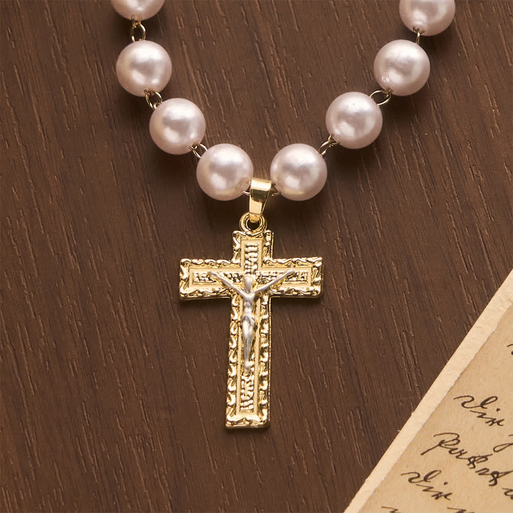 Lustrous Round Pearl Bead Two-Tone Embossed Crucifix Necklace: Emblem of Pure Heavenly Serenity