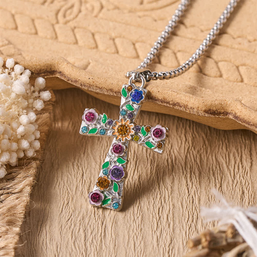 Enamel Floral Multi-Colored Zircon Cross Box Chain Necklace: Emblem of Vibrant Heavenly Hope