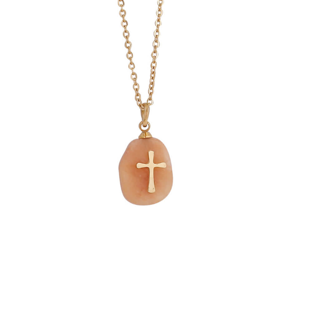 Organic Irregular Natural Stone Overlay Metal Cross Necklace: Emblem of Steadfast Heavenly Faith