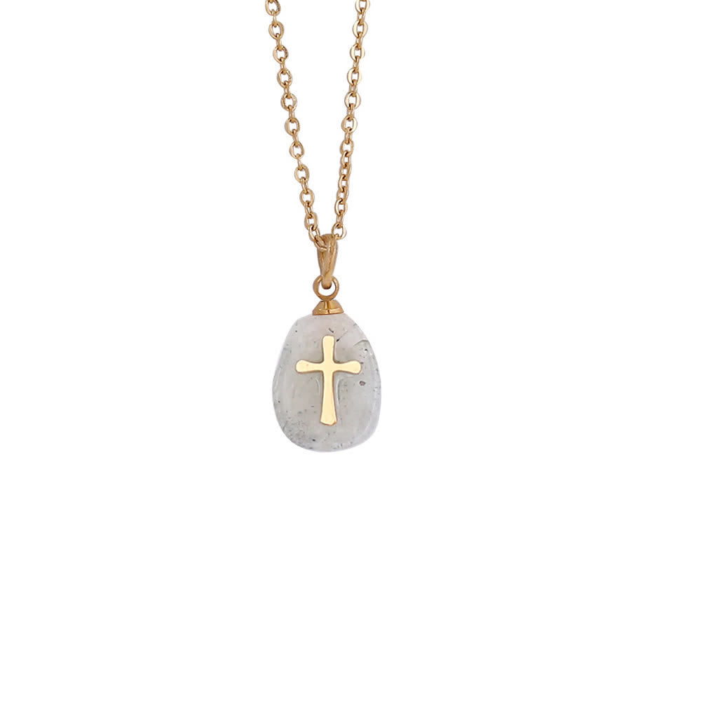 Organic Irregular Natural Stone Overlay Metal Cross Necklace: Emblem of Steadfast Heavenly Faith