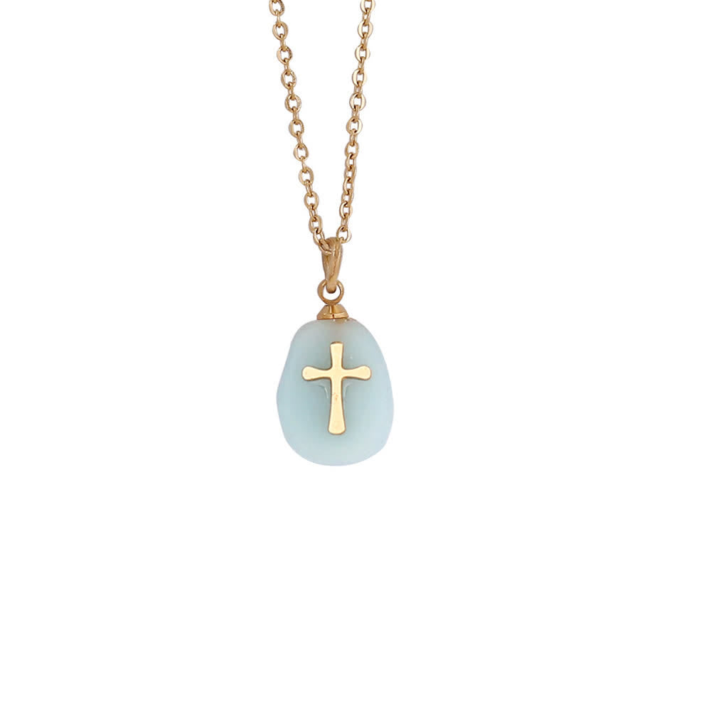 Organic Irregular Natural Stone Overlay Metal Cross Necklace: Emblem of Steadfast Heavenly Faith