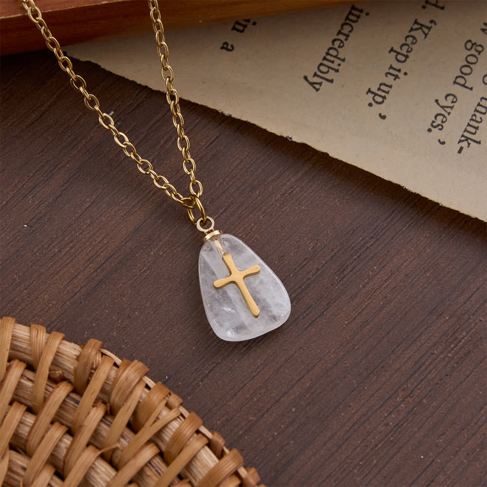 Organic Irregular Natural Stone Overlay Metal Cross Necklace: Emblem of Steadfast Heavenly Faith