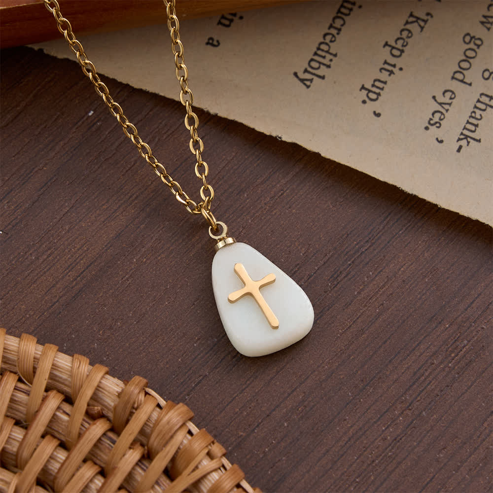 Organic Irregular Natural Stone Overlay Metal Cross Necklace: Emblem of Steadfast Heavenly Faith
