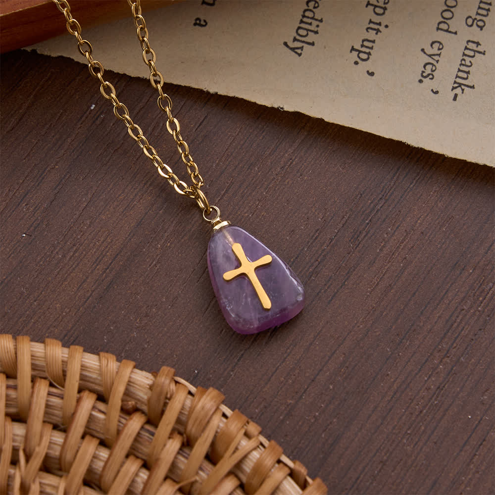 Organic Irregular Natural Stone Overlay Metal Cross Necklace: Emblem of Steadfast Heavenly Faith