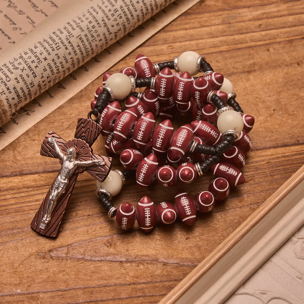 Rugby Molded Bead Knotted Cord Rosary With Wood-Grain Crucifix: Emblem of Courageous Heavenly Perseverance