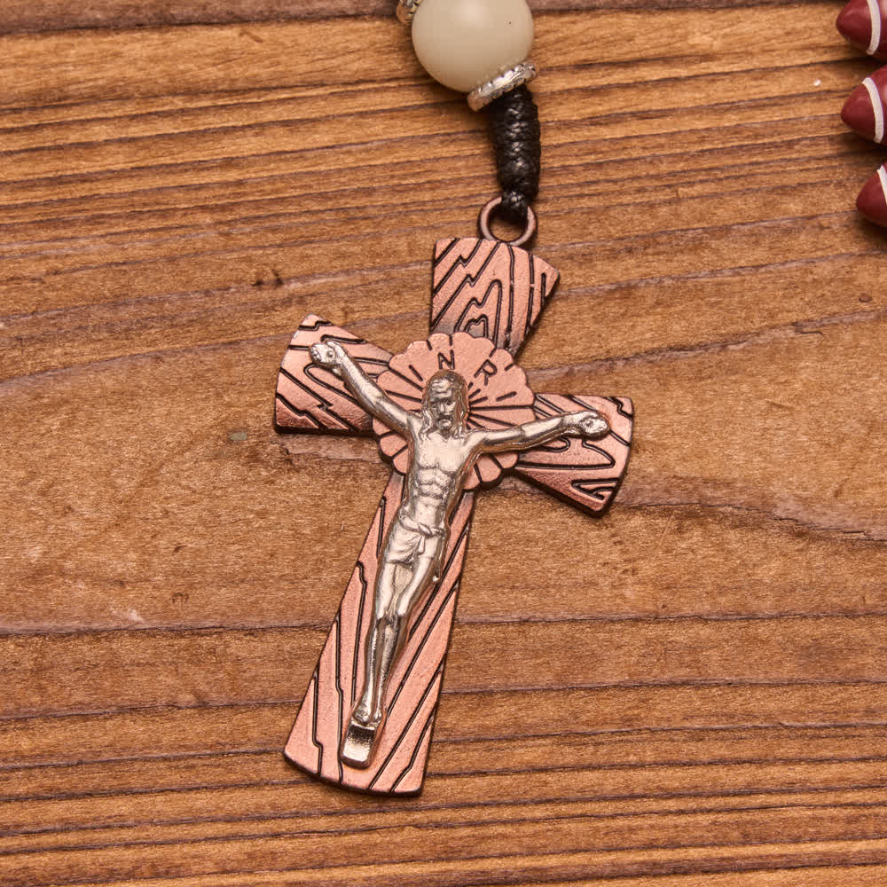Rugby Molded Bead Knotted Cord Rosary With Wood-Grain Crucifix: Emblem of Courageous Heavenly Perseverance