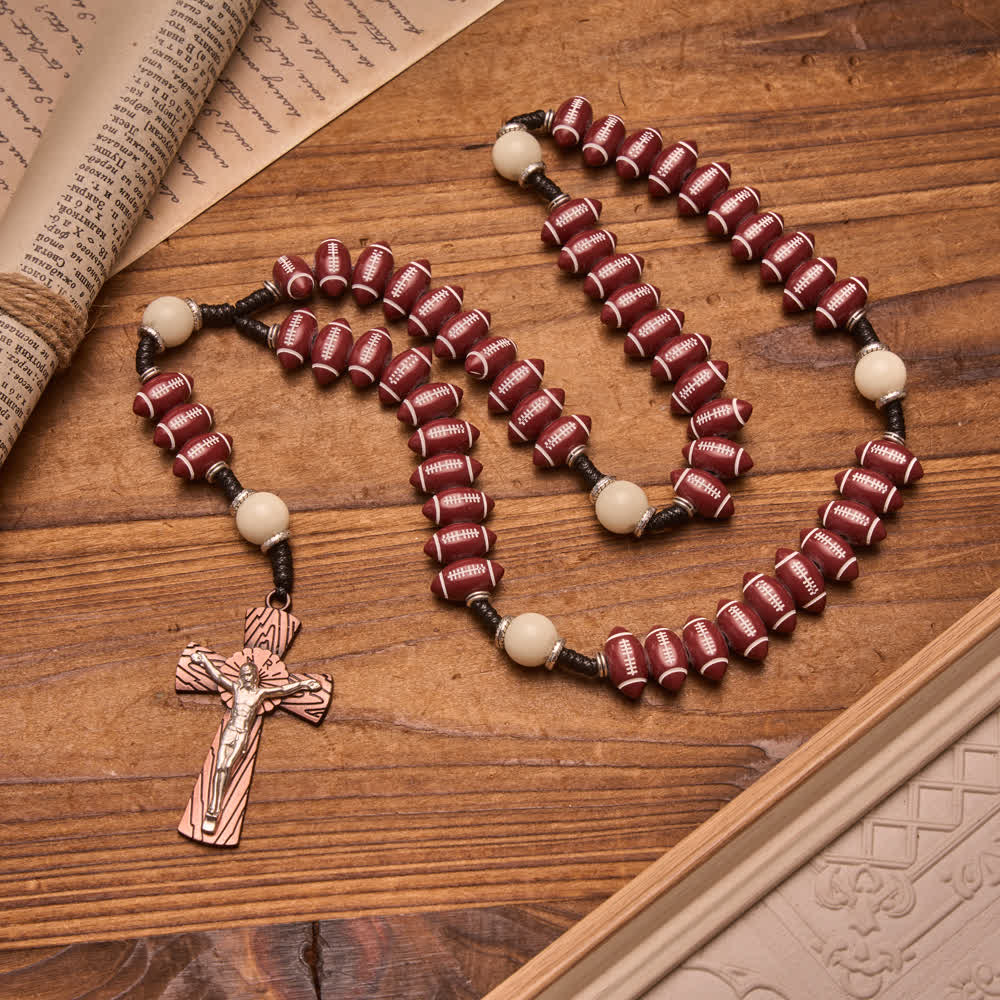 Rugby Molded Bead Knotted Cord Rosary With Wood-Grain Crucifix: Emblem of Courageous Heavenly Perseverance