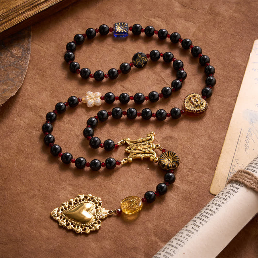 Vintage Sacred Heart Black Round Bead Rosary With Miraculous Medal & Crystal Spacers