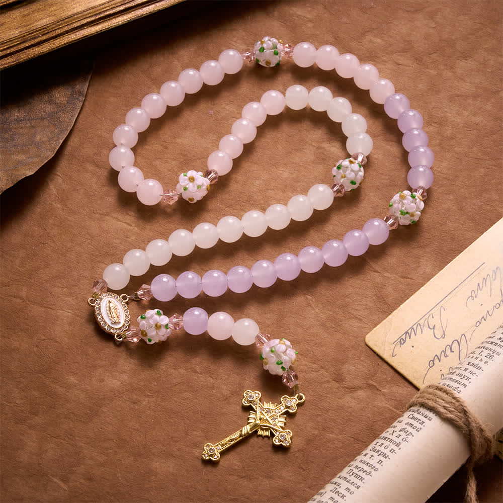Gradient Pink Lavender Milky White Floral Glass Bead Rosary With Rhinestone Cross & Our Lady Medal
