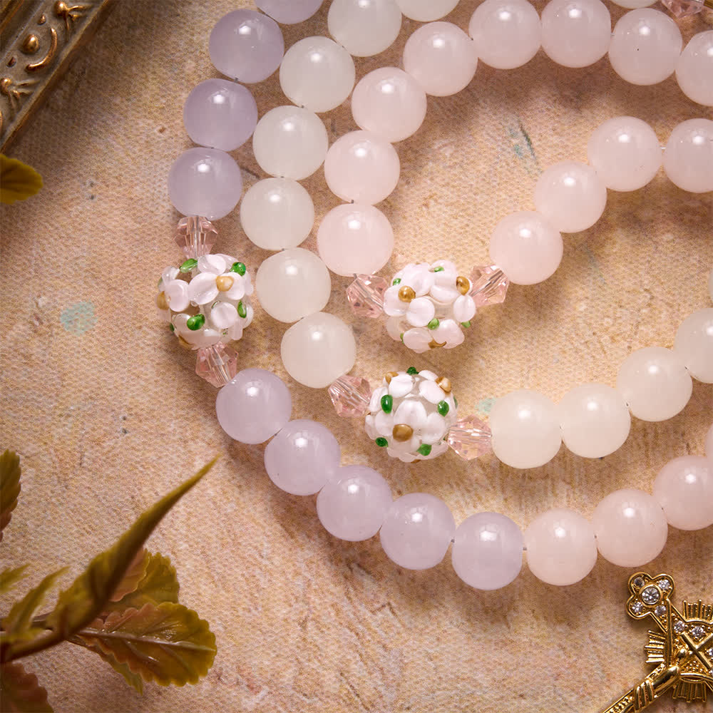 Gradient Pink Lavender Milky White Floral Glass Bead Rosary With Rhinestone Cross & Our Lady Medal