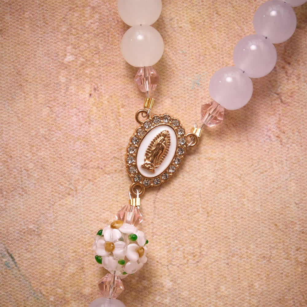 Gradient Pink Lavender Milky White Floral Glass Bead Rosary With Rhinestone Cross & Our Lady Medal