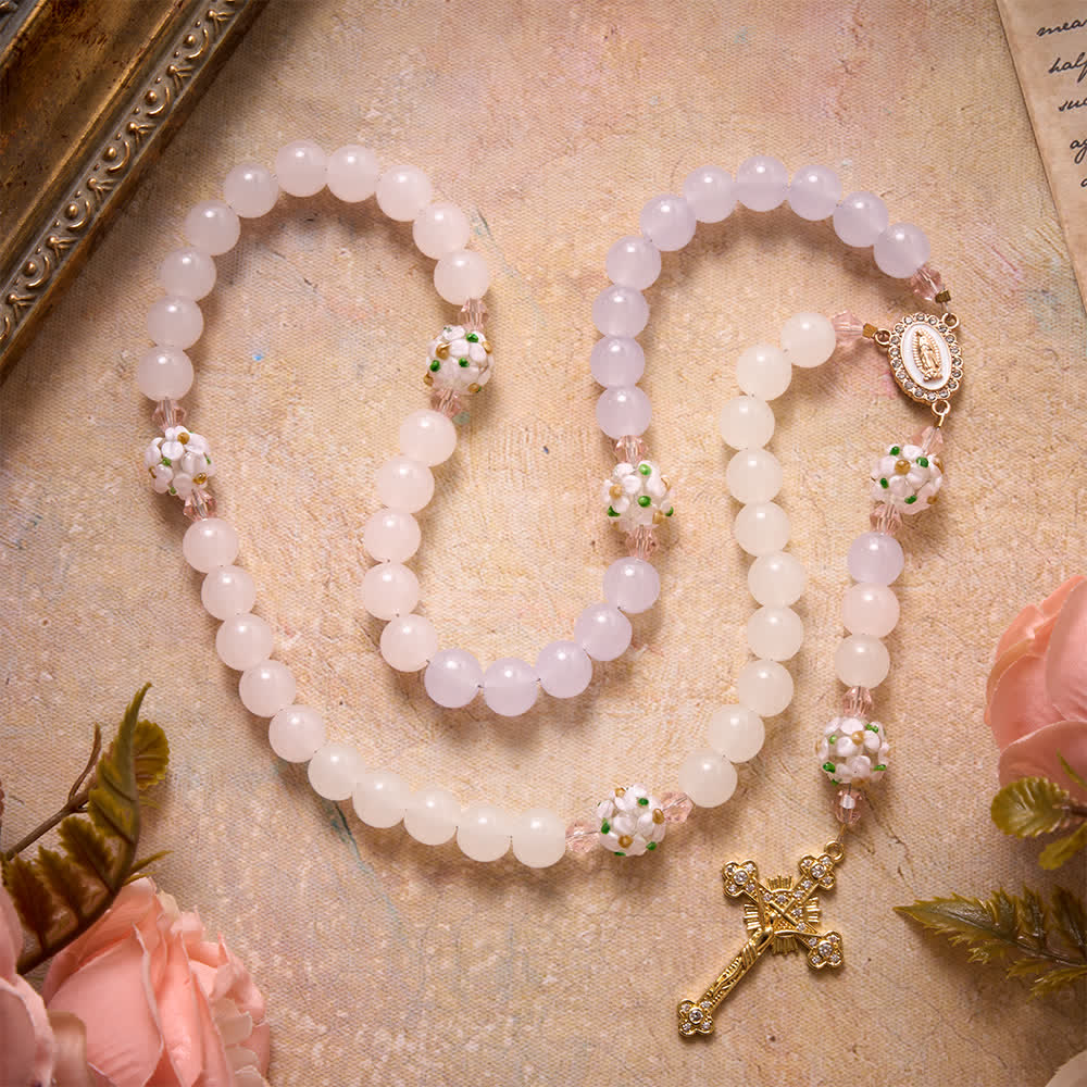 Gradient Pink Lavender Milky White Floral Glass Bead Rosary With Rhinestone Cross & Our Lady Medal