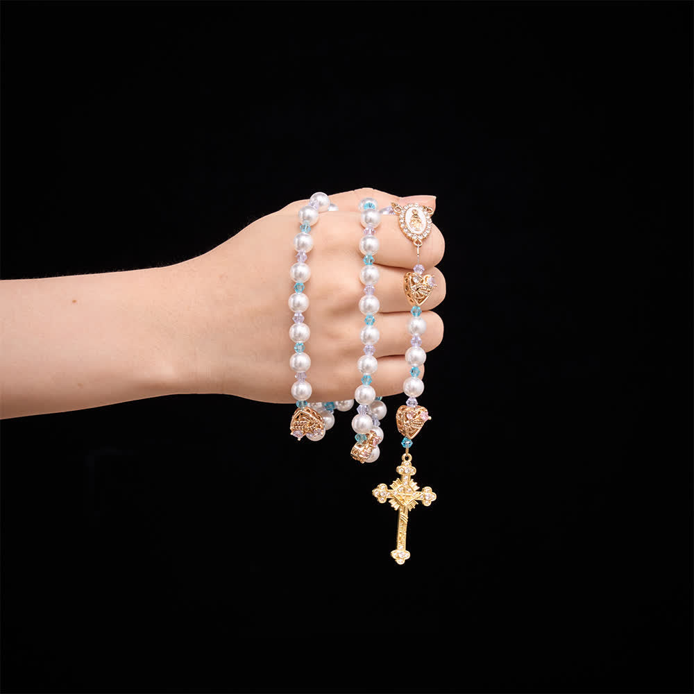 Glossy Imitation Pearl Rosary With Rhinestone Swan Heart Charms And Our Lady Medal & Jeweled Crucifix